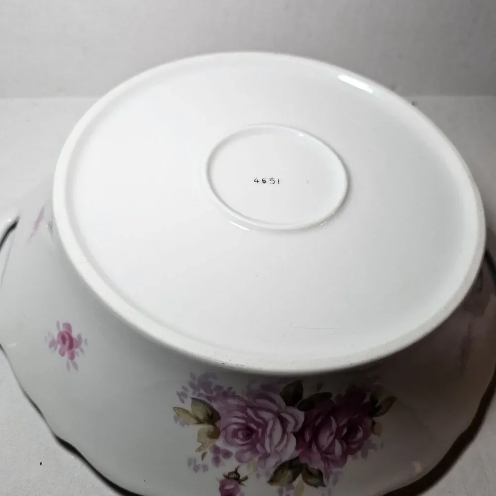 VTG Andrea by Sadek Round Serving Bowl Pattern 8118 Pink Roses Gold Trim Handles